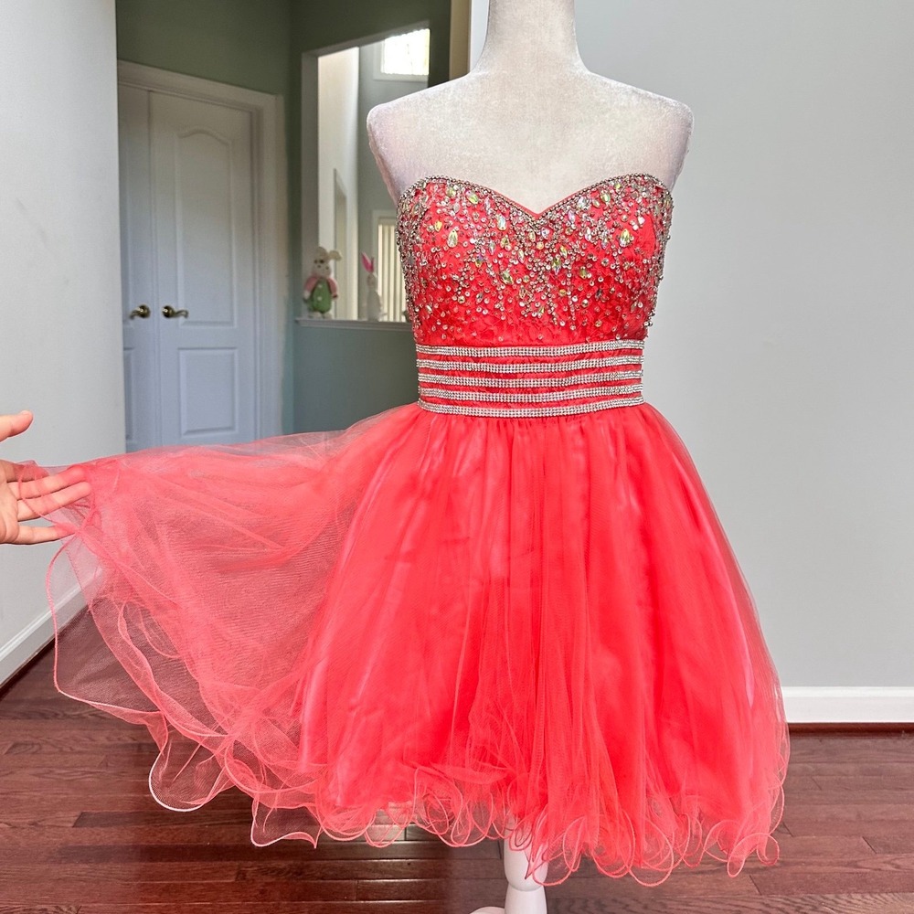 Anny Lee Peach Silver Strapless Corset Beaded Embellished Tulle Cocktail Dress